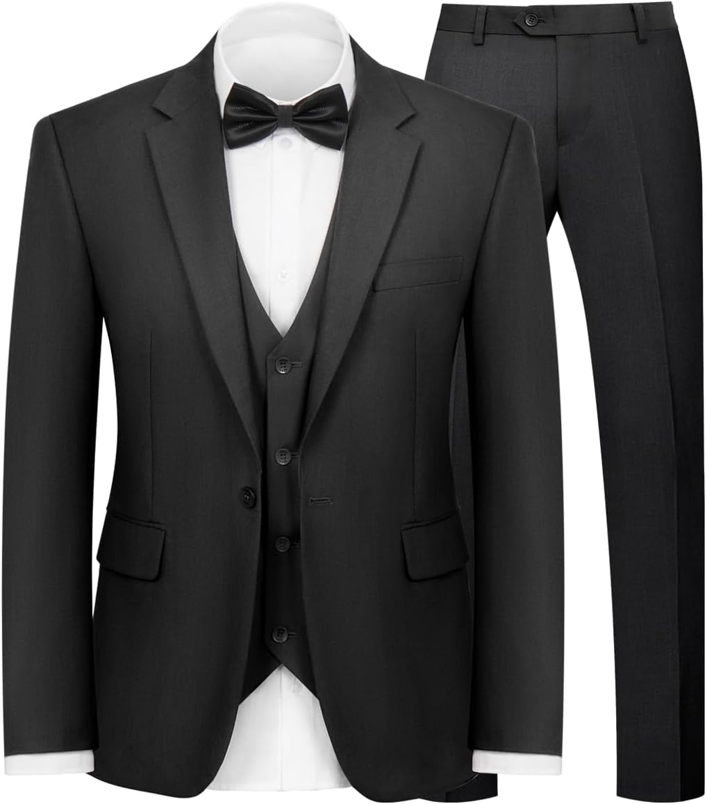 Men 3-Piece Suit Slim Fit Suit Jacket Single Button Banquet Prom Wedding Suit Jacket Vest Pants and Bow Tie Set