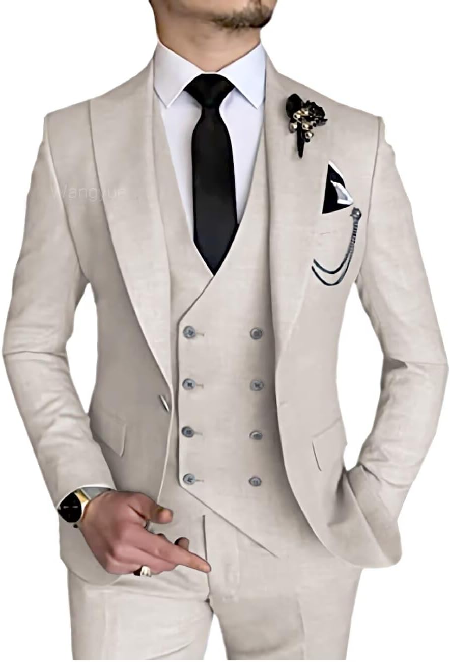 3 Piece Suit Slim Fit Mens Wedding Suits Double Breasted Party One Button Blazer Jacket Vest Pants Sets Beige