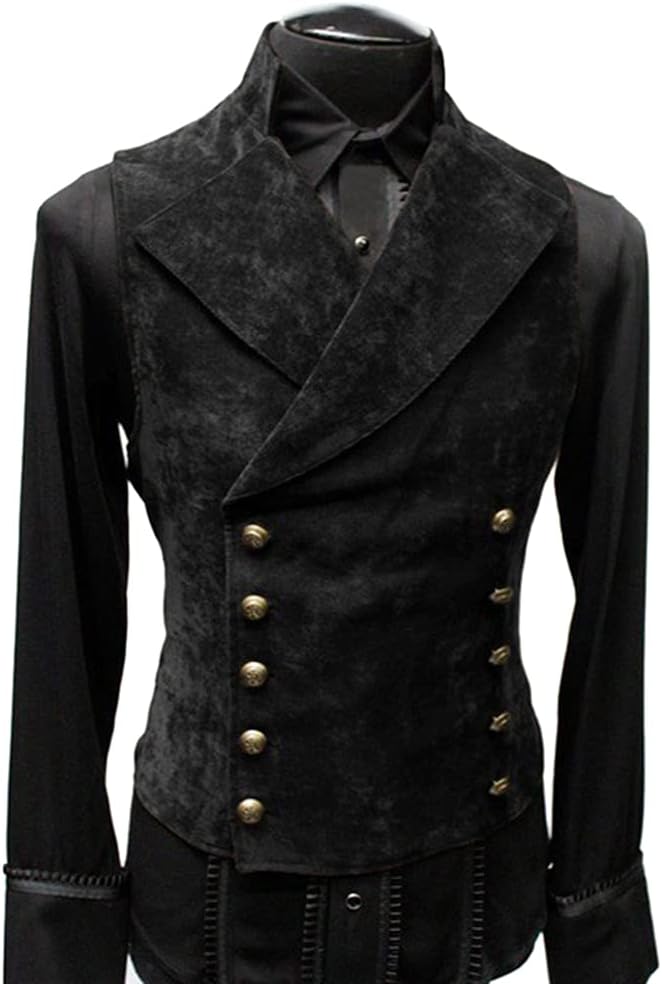Men Faux Suede Double Breasted Vest Slim Fit Gothic Steampunk Waistcoat Gentleman Tuxedo Prom Party Formal Suit