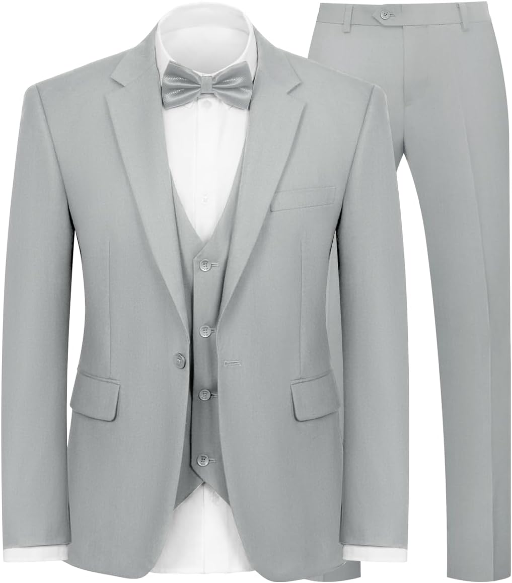 Men 3-Piece Suit Slim Fit Suit Jacket Single Button Banquet Prom Wedding Suit Jacket Vest Pants and Bow Tie Set