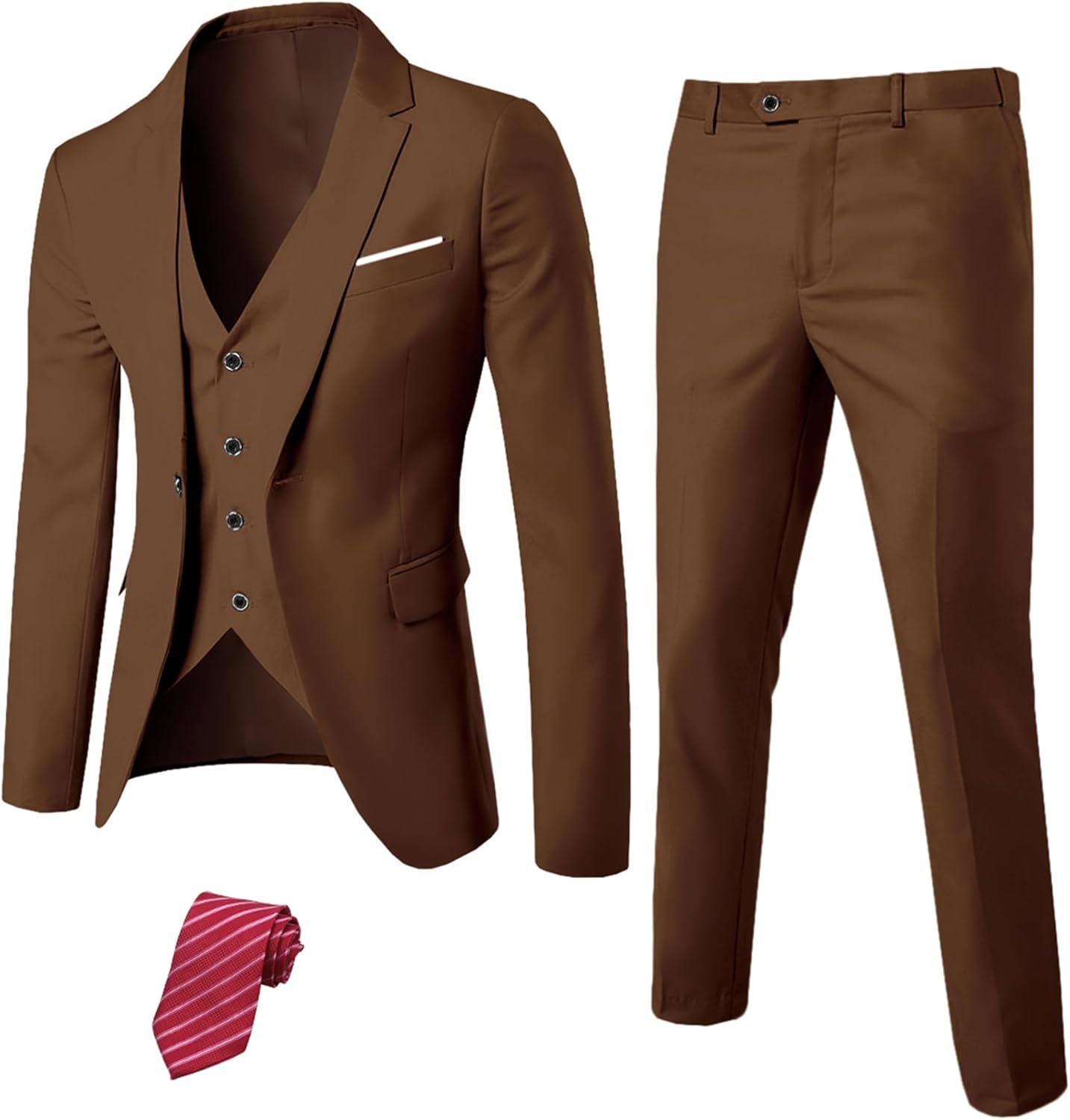 Men's Slim Fit 3 Piece Suit Set, One Button Solid Blazer Vest Pants with Tie