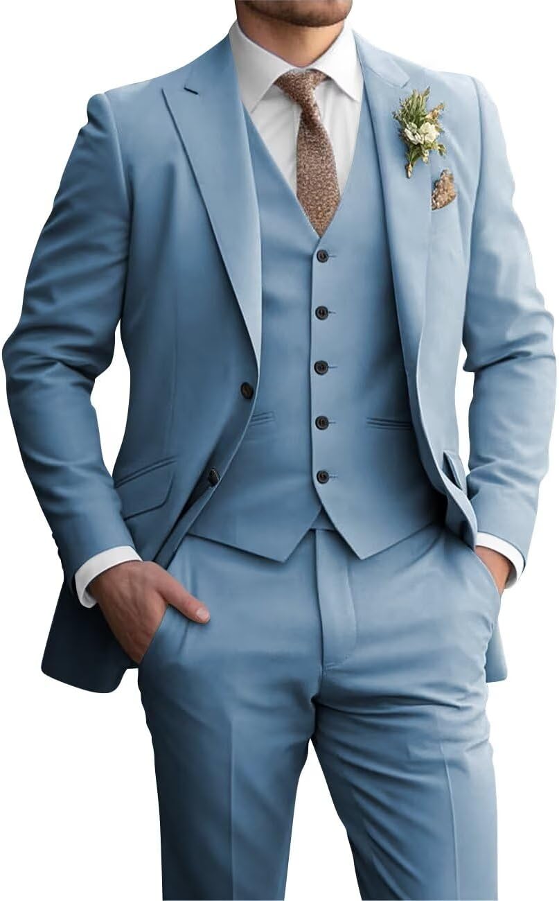 Mens 3 Piece Slim Fit Suit Elegant Wedding Suits for Men Two Button Blazer Suit Men Peak Lapel Prom Suits Set