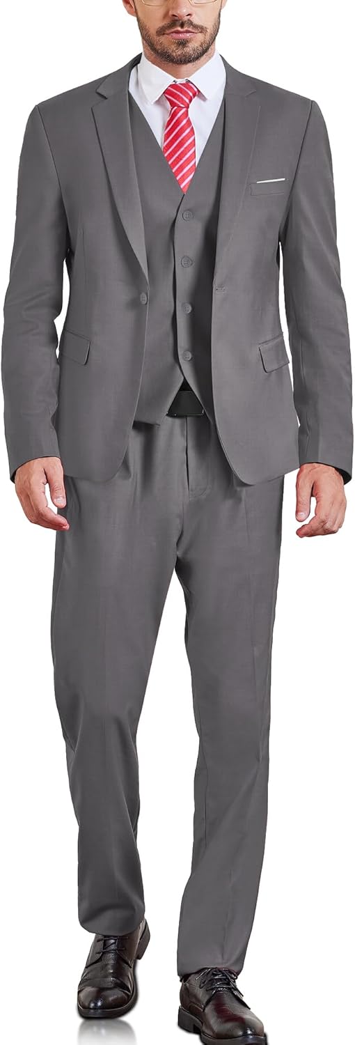 Men’s 3-Piece Slim Fit Suit Set, One Button Solid Jacket Vest Pants with Tie for Wedding Party Business Prom