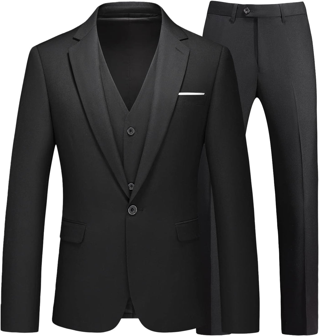 Men Suits 3 Pieces Slim Fit One Button Solid Suit Blazers for Business Wedding Formal Prom Tuxedo Blazer Vest & Pant Set