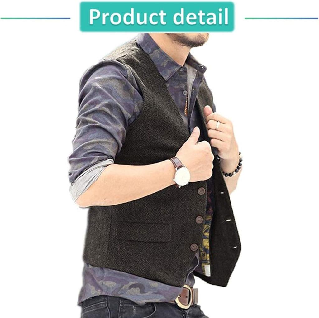 Men Casual Plus Size Vest with 3 Pockets Wedding Herringbone Slim Fit Waistcoat Jacket Tank Top for Prom,Daily
