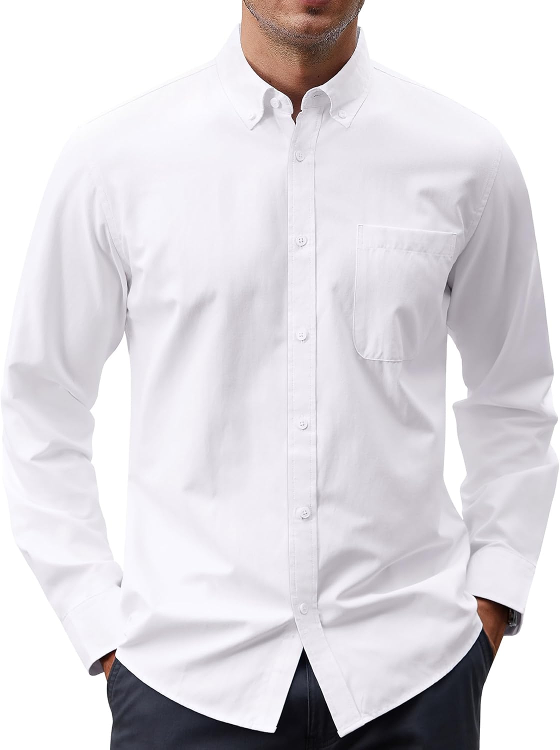 Men Oxford Shirt Solid Casual Button Down Collar Shirts Long Sleeve Dress Shirts with Pocket