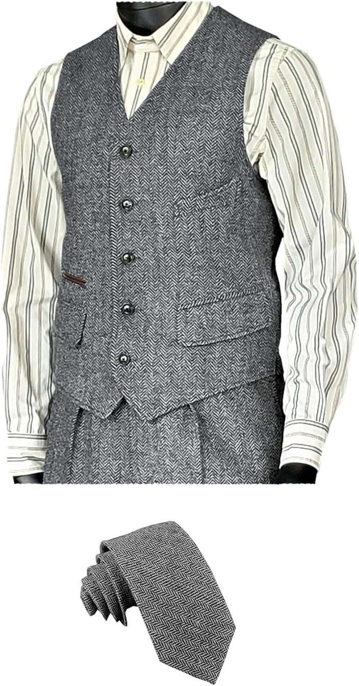 Men Vintage Suit Vest Wool Sleeveless Waistcoat Tweed For Wedding Groomsmen