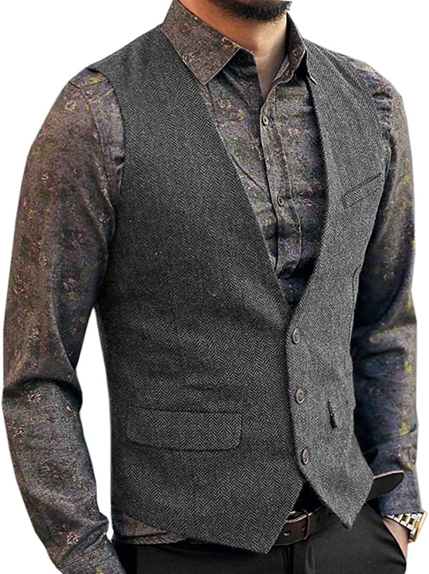 Men Herringbone Tweed Wool Suit Vest Single Breasted Slim Fit Waistcoat Vest