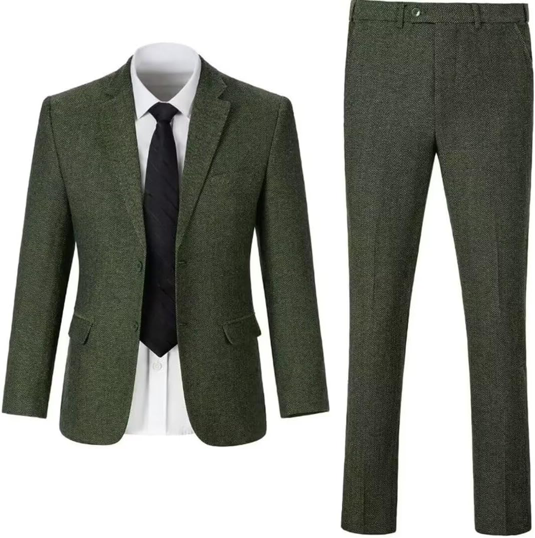 Retro Tweed Men Suit Herringbone Slim Fit 2 Buttons Men Jackets Sets Prom Wedding Jacket Blazer Pants Groom Tuxedo Set
