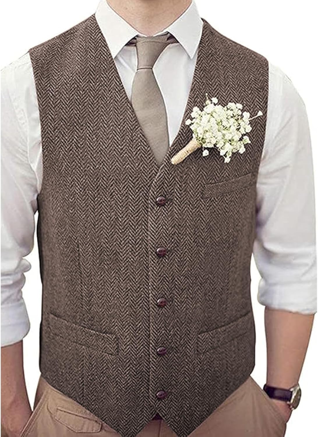 Men V-Neck Suit Vests Slim Fit Casual Business Formal Herringbone Tweed Wool Waistcoat Wedding Groomsmen Suit Vest