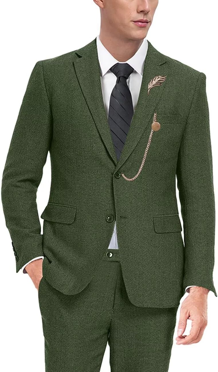 Retro Tweed Men Suit Herringbone Slim Fit 2 Buttons Men Jackets Sets Prom Wedding Jacket Blazer Pants Groom Tuxedo Set