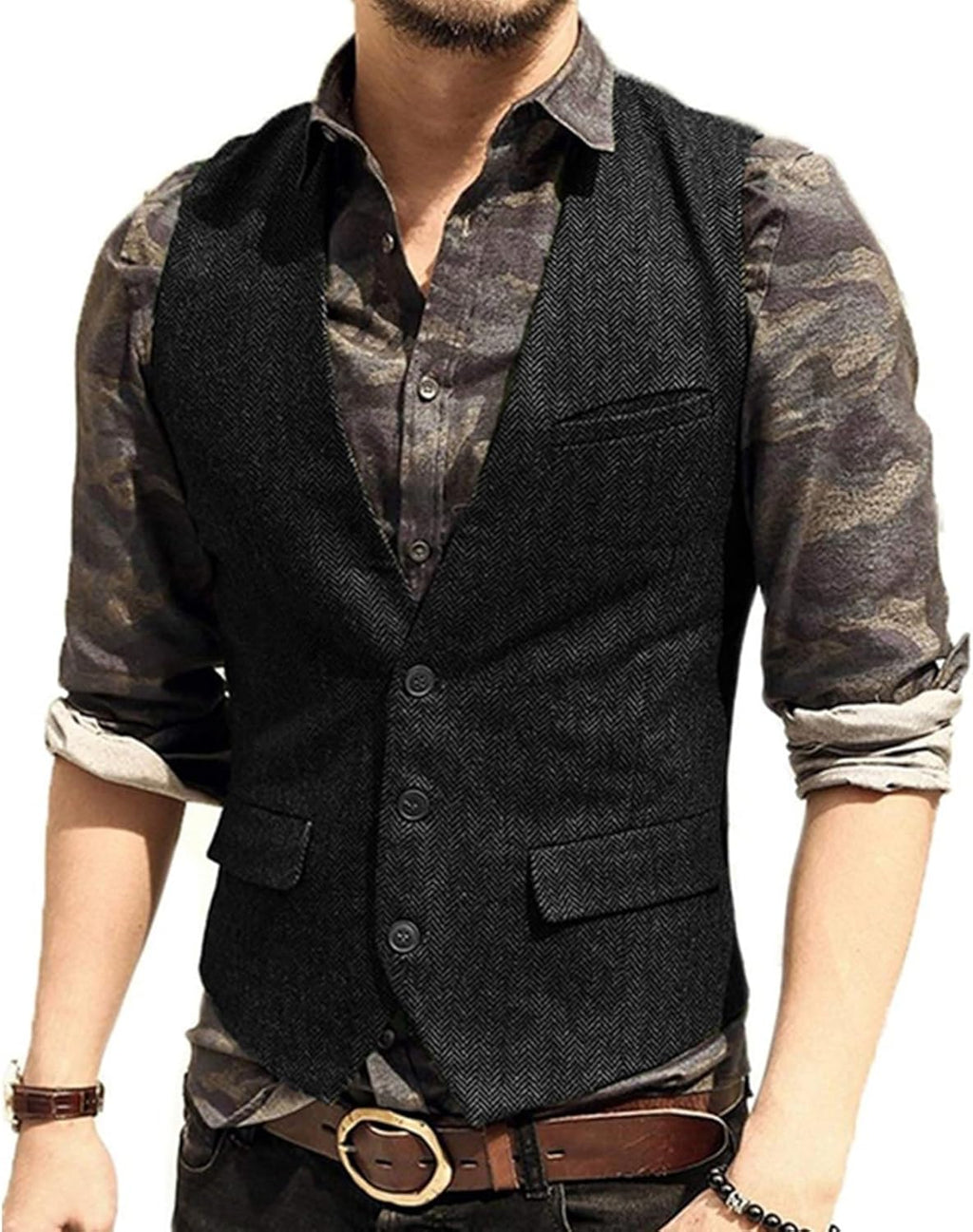 Men Casual Plus Size Vest with 3 Pockets Wedding Herringbone Slim Fit Waistcoat Jacket Tank Top for Prom,Daily