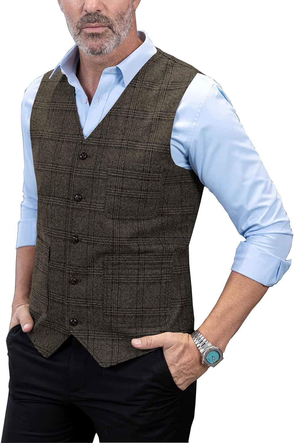 Men Vintage Suit Vest Plaid Tweed Regular Fit Waistcoat for Wedding Groomsmen