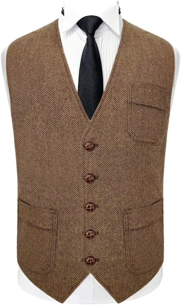 Men Vintage Tweed Suit Vest V Neck Casual Wool Waistcoat for Wedding Groomsmen Men Formal Vest