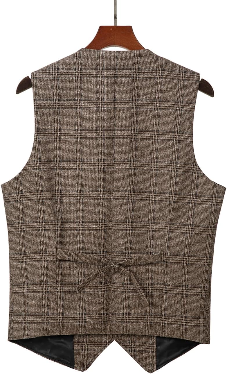 Men Vintage Suit Vest Plaid Tweed Regular Fit Waistcoat for Wedding Groomsmen