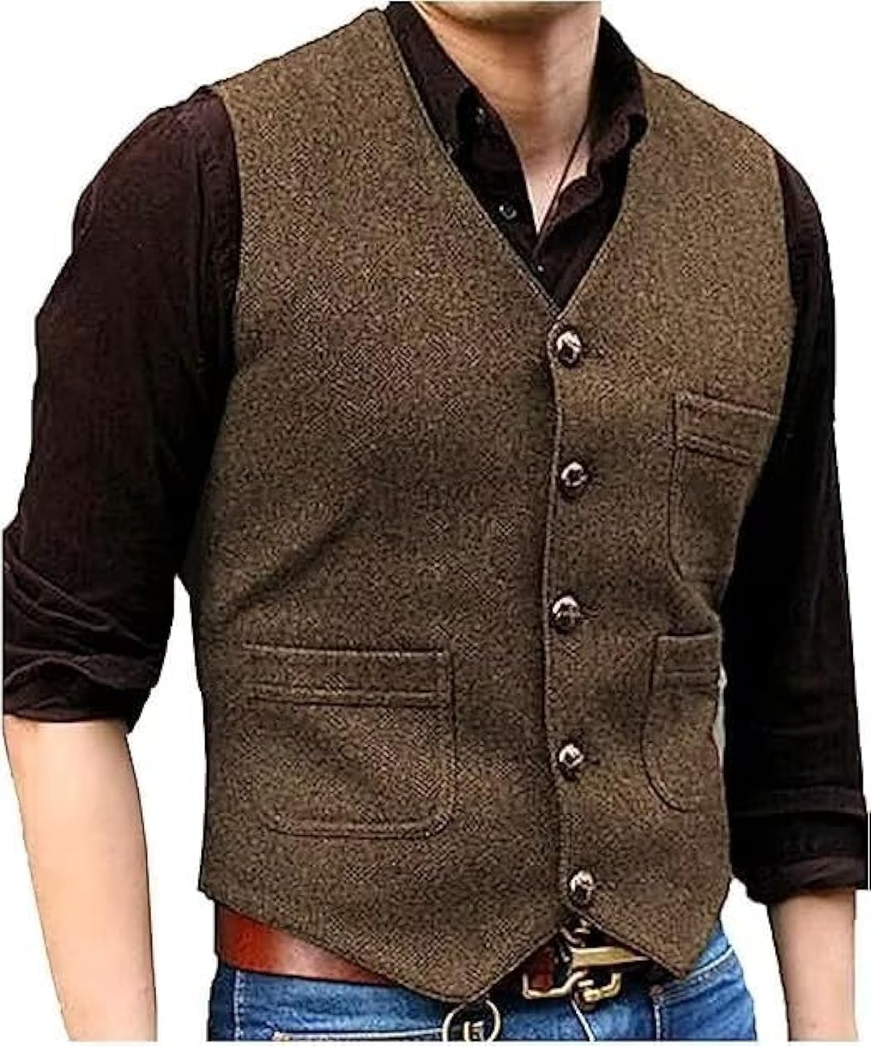 Men Vintage Tweed Suit Vest V Neck Casual Wool Waistcoat for Wedding Groomsmen Men Formal Vest