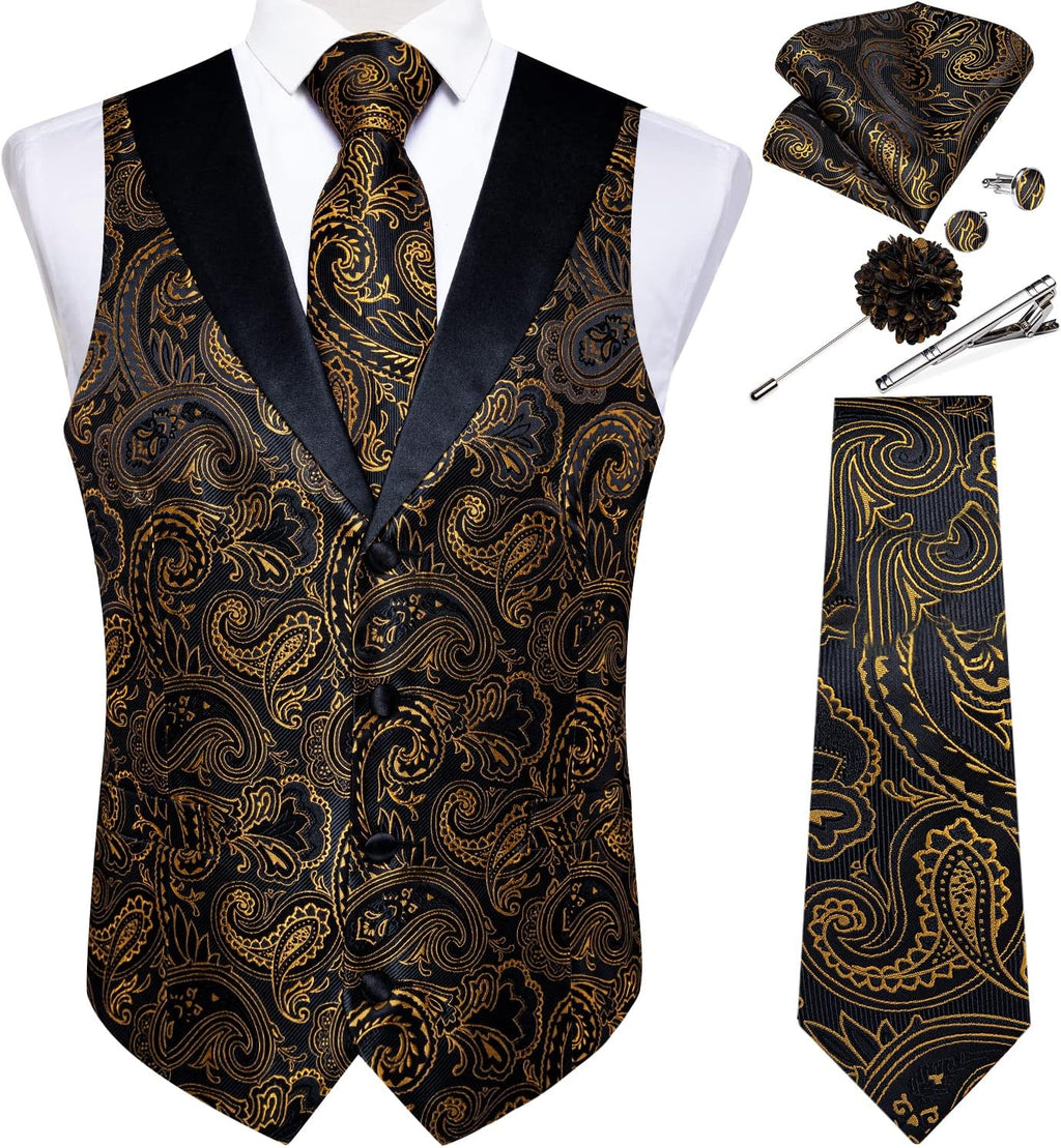 Mens Paisley Suit Vest Silk Jacquard Waistcoat and Necktie Set Formal Shawl Collar Dress Vest 7PCS for Wedding Party