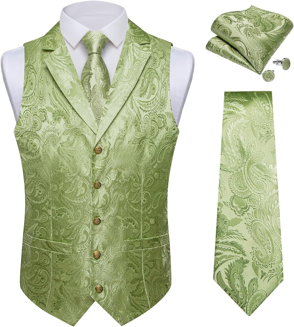 Silk Paisley Vest and Tie Set for Men Formal Waistcoat Regular Fit Lapel Dress Vest for Tuxedo Wedding Party