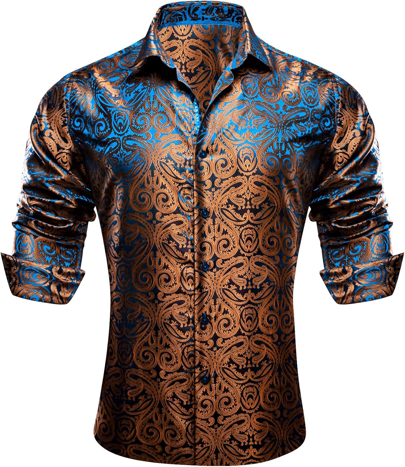 Men Dress Shirt Paisley Silk Long Sleeve Button Down Shirts Formal Wedding Regular Fit Tops Disco Party