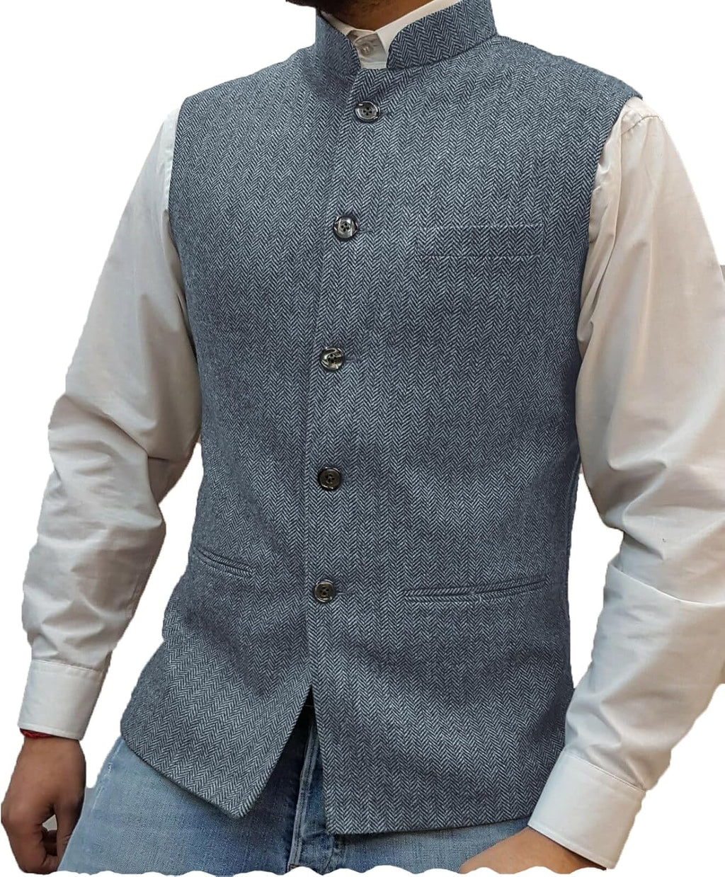Men Herringbone Wool Vests Suit Business Tweed High Collar Waistcoats Slim Fit