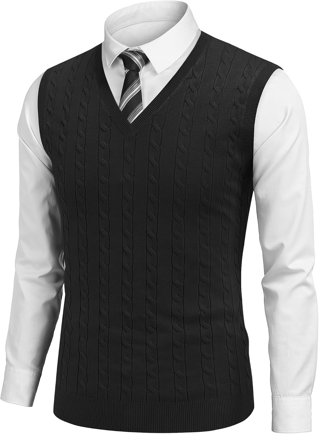 Men Sweater Vest V Neck Slim Fit Cable Knitted Sleeveless Pullover Sweater