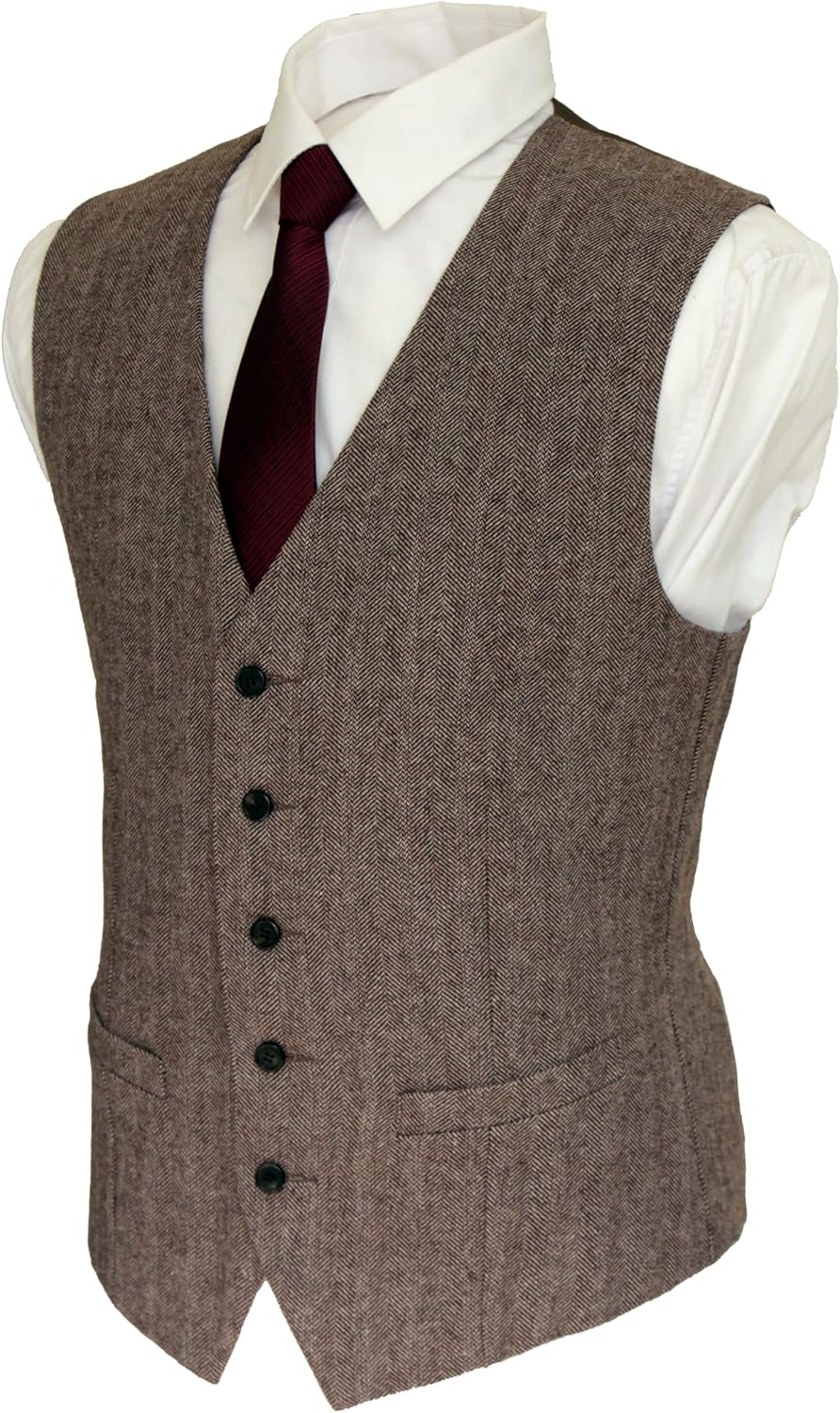 2Pockets 5Buttons Wool Herringbone Tweed Business Suit Vest