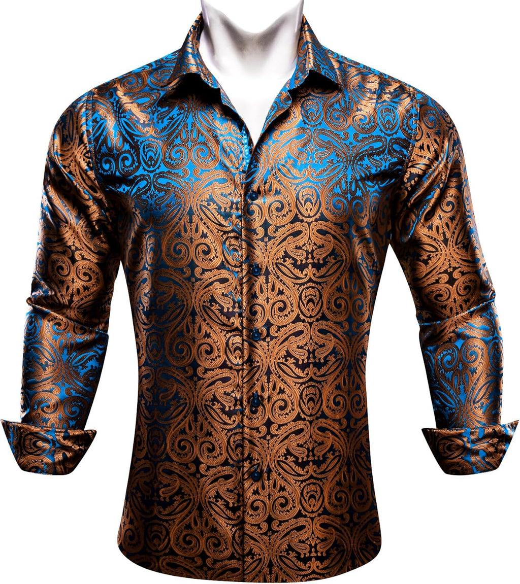 Men Dress Shirt Paisley Silk Long Sleeve Button Down Shirts Formal Wedding Regular Fit Tops Disco Party