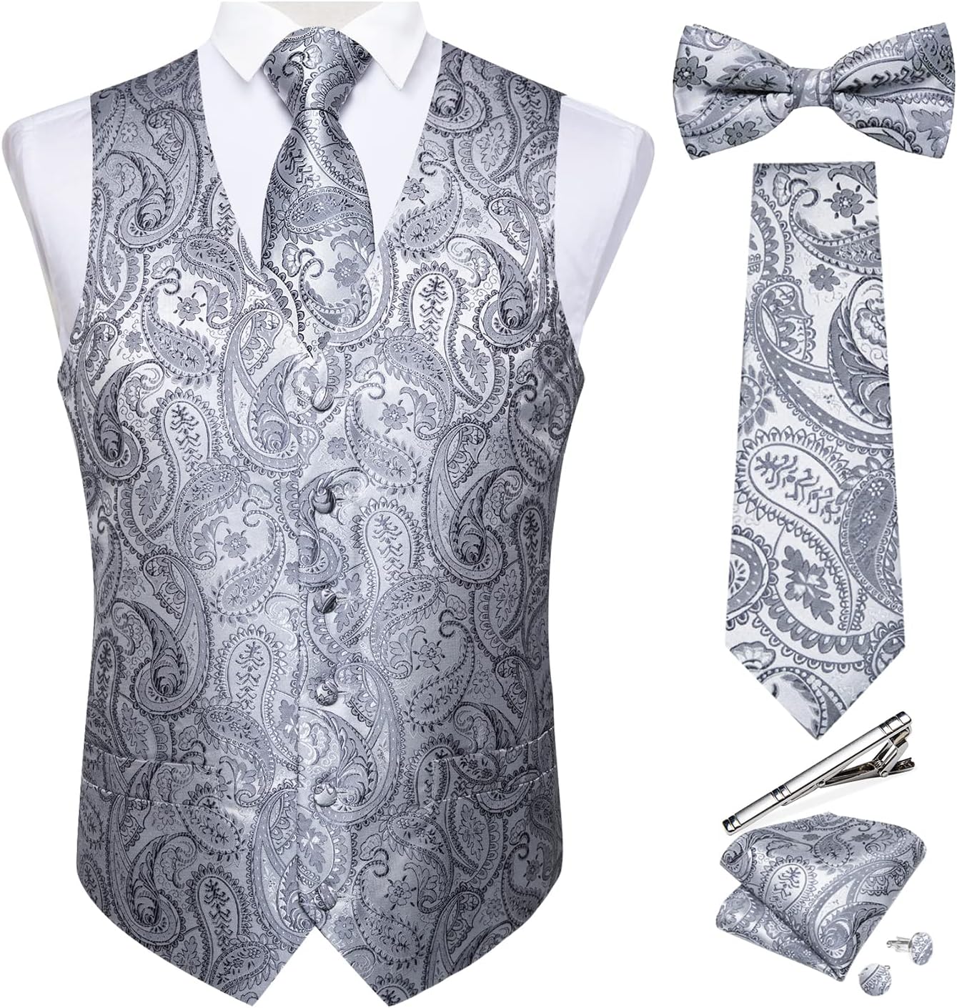Men Paisley Suit Vest and Tie Set 6PCS Pre-tied Bow Tie Formal Waistcoat for Tuxedo
