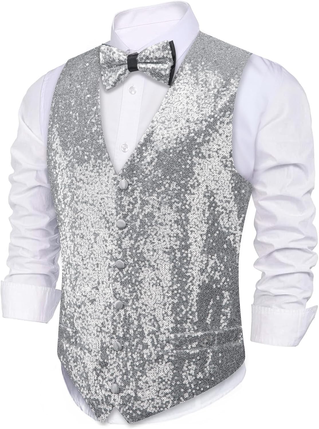 Men Sequins Vest Formal/Leisure V-neck Shiny Waistcoat Bowtie Set Prom Party Tuxedo