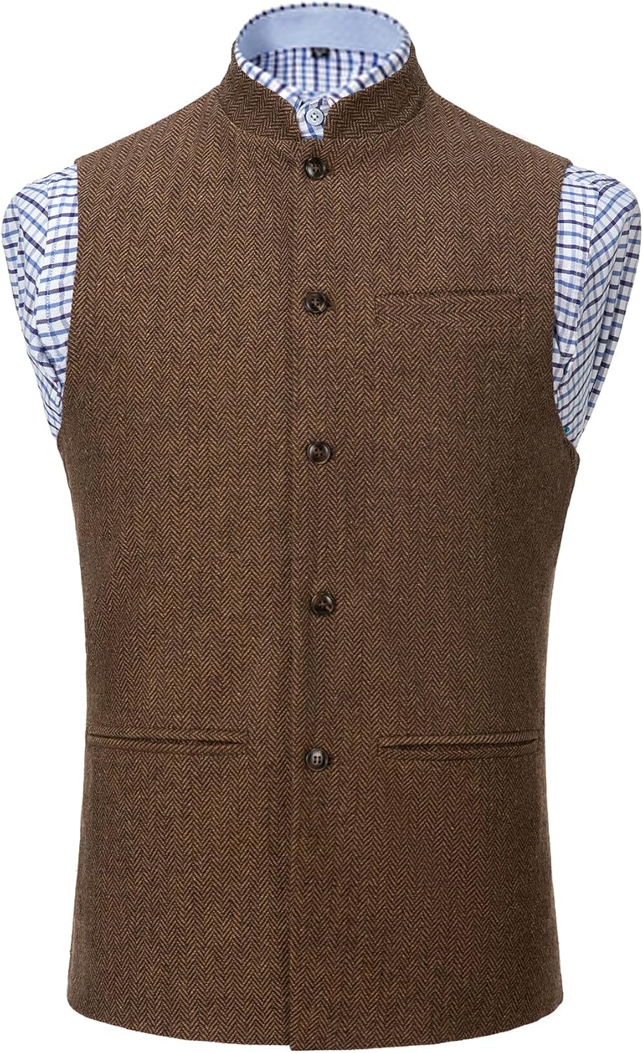 Men Herringbone Wool Vests Suit Business Tweed High Collar Waistcoats Slim Fit