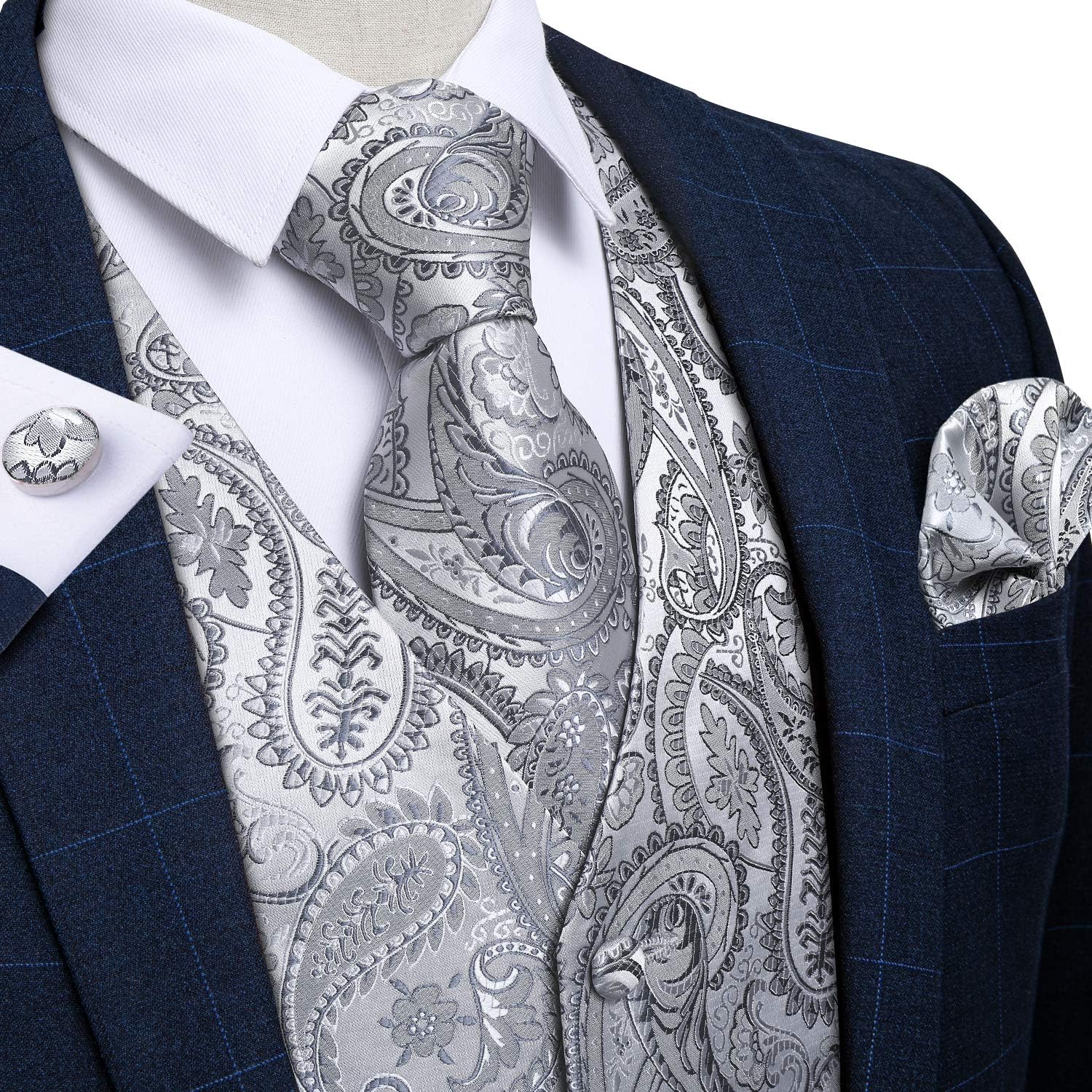 Men Paisley Suit Vest and Tie Set 6PCS Pre-tied Bow Tie Formal Waistcoat for Tuxedo