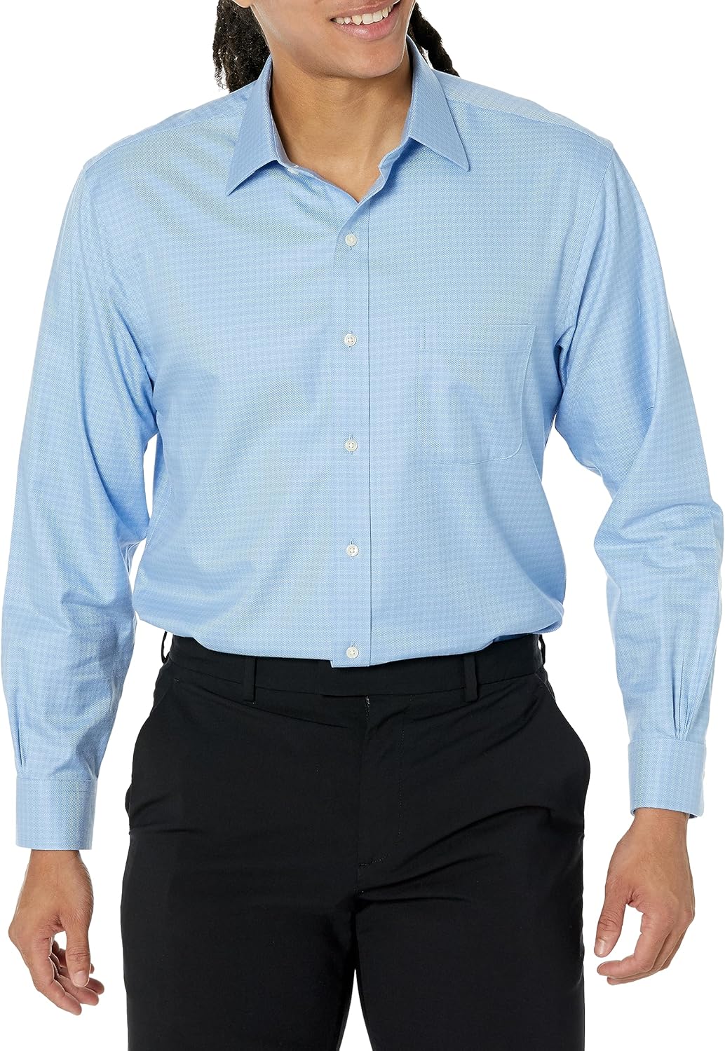 Men Non-Iron Stretch Dobby  Spread Collar Check Dress Shirt