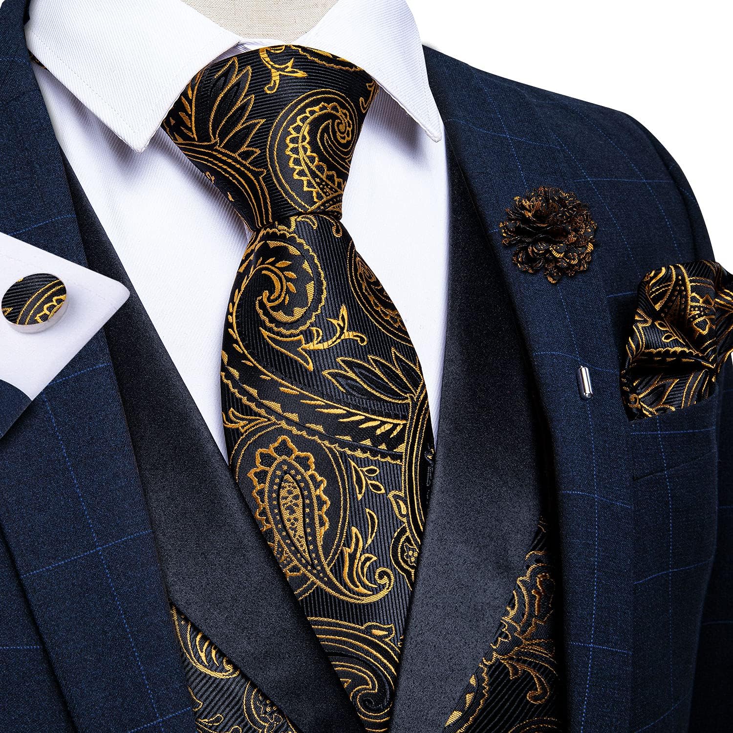 Mens Paisley Suit Vest Silk Jacquard Waistcoat and Necktie Set Formal Shawl Collar Dress Vest 7PCS for Wedding Party