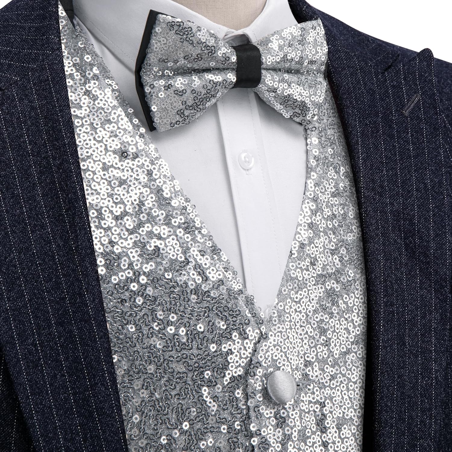 Men Sequins Vest Formal/Leisure V-neck Shiny Waistcoat Bowtie Set Prom Party Tuxedo